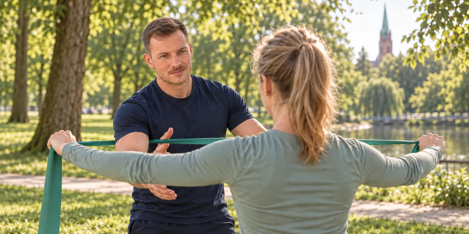 Robert Million begleitet eine Kundin beim Training mit einem Widerstandsband im Park